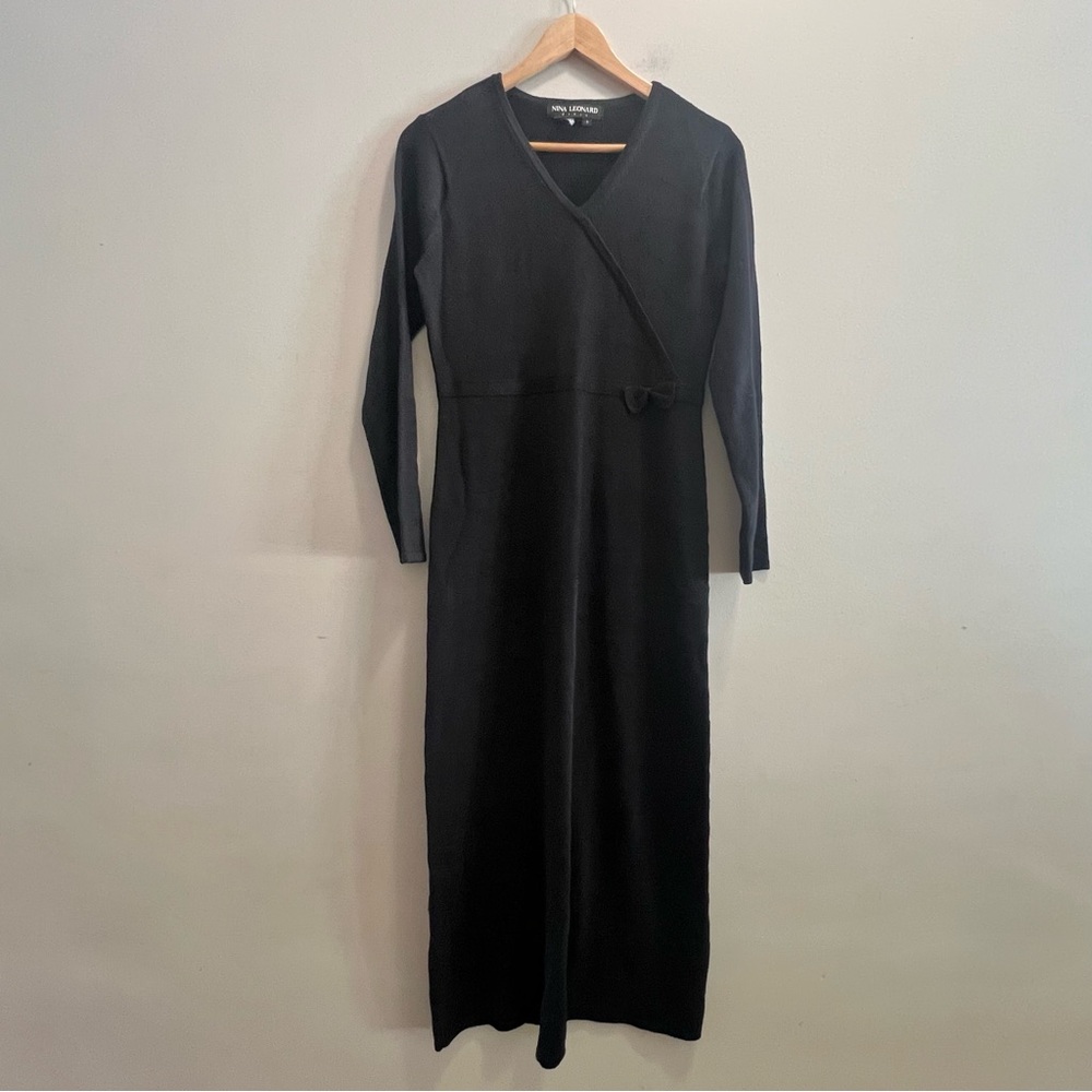 Nina Leonard Size Small Black Knit Wool Blend Dress V Neck Bow